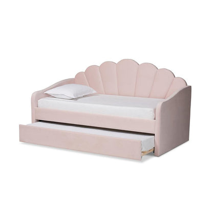 Light Pink Velvet Fabric Upholstered Twin Size Daybed with Trundle
