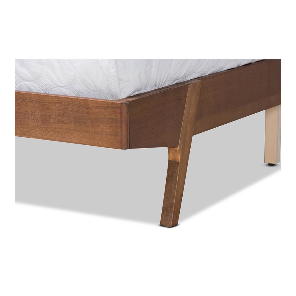 Beige Fabric Upholstered and Walnut Brown Finished Wood Queen Size Platform Bed
