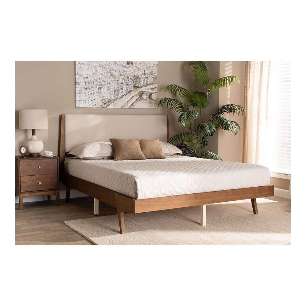 Beige Fabric Upholstered and Walnut Brown Finished Wood Full Size Platform Bed