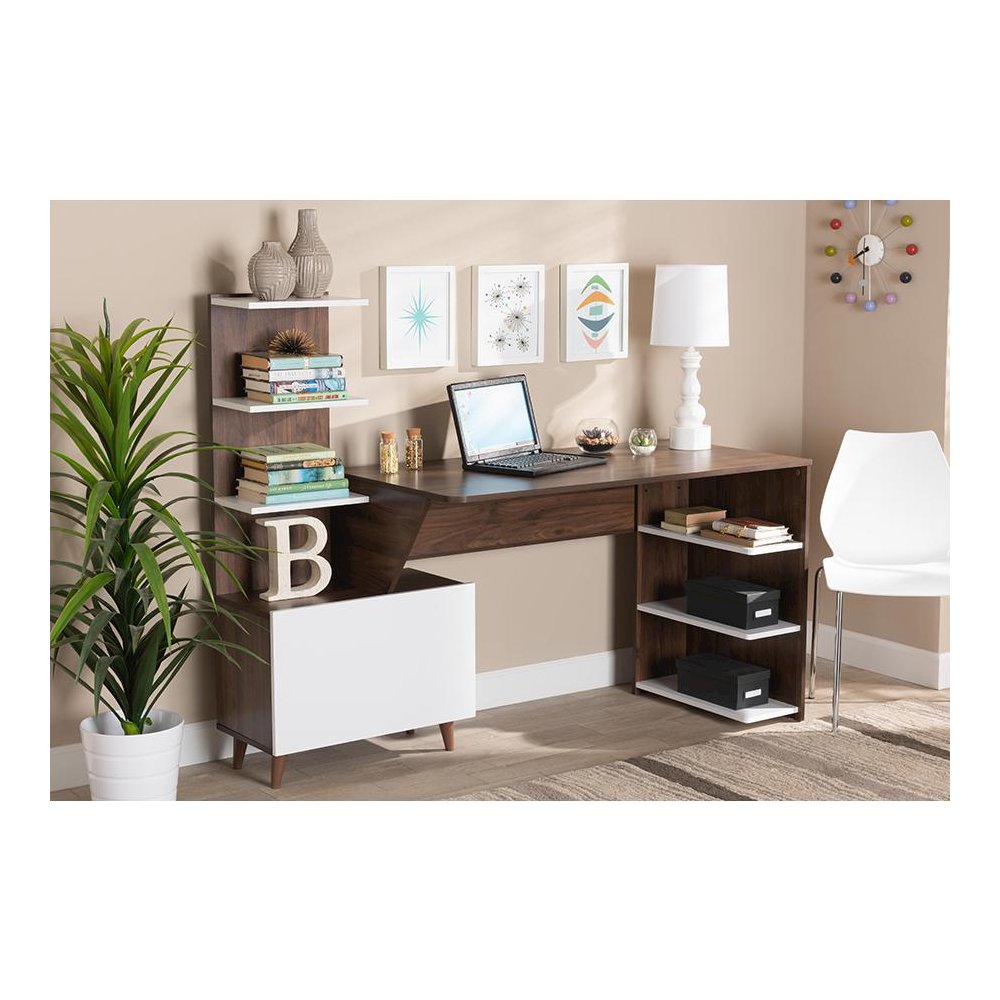 Two-Tone White and Walnut Brown Finished Wood Storage Computer Desk with Shelves