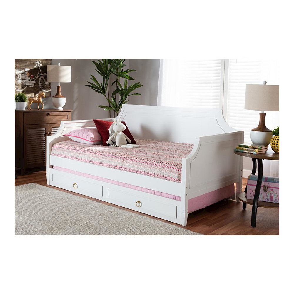 Traditional White Finished Wood Full Size Daybed with Twin Size trundle
