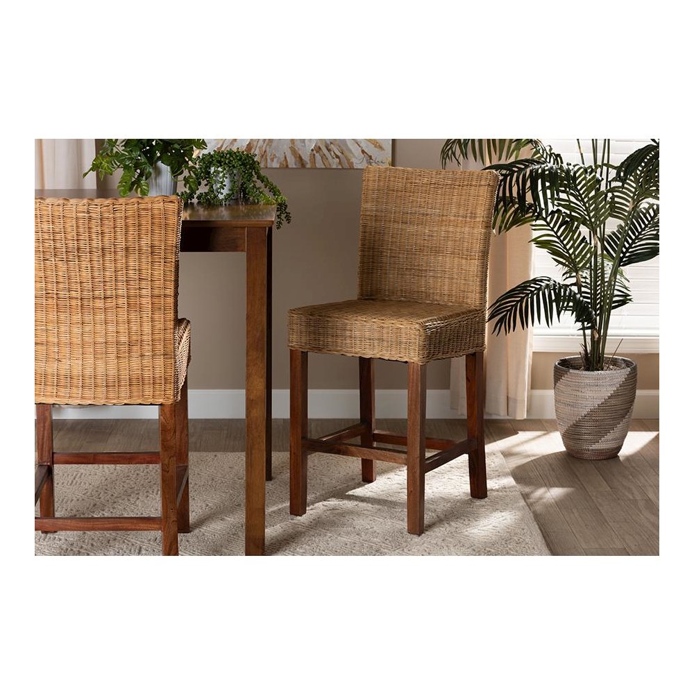 Bohemian Natural Rattan and Mahogany Wood Counter Stool