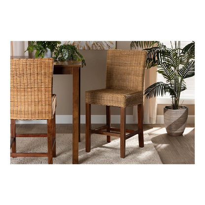 Bohemian Natural Rattan and Mahogany Wood Counter Stool