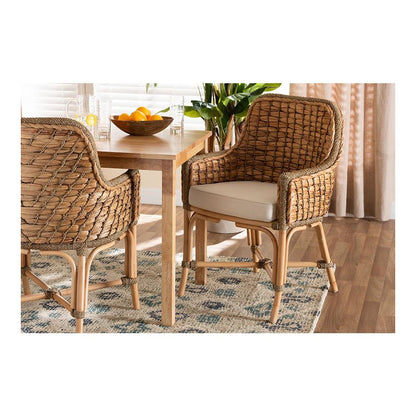 Bohemian Natural Brown Woven Rattan Dining Arm Chair with Cushion