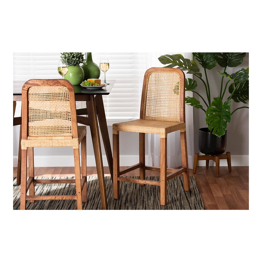 Walnut Brown Mahogany Wood and Natural Rattan Counter Stool