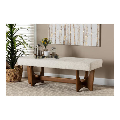 Theo Japandi Cream Boucle Fabric and Walnut Brown Finished Wood Bench