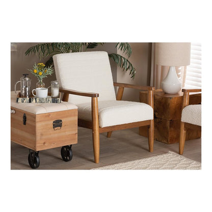 Cream Boucle Fabric and Walnut Brown Finished Wood Armchair