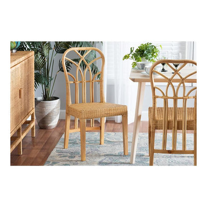 Bohemian Oak Brown Finished Mahogany Wood and Natural Rattan Dining Chair
