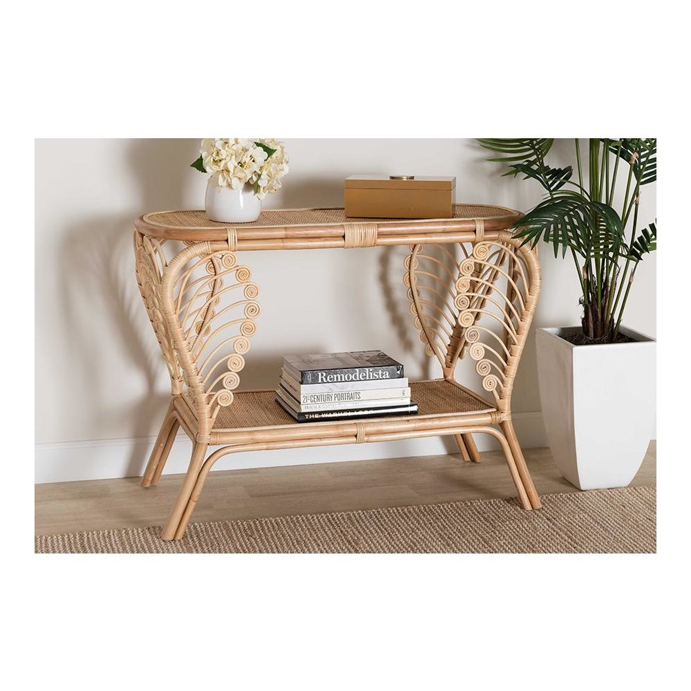 bali & pari Bastet Modern Bohemian Natural Brown Rattan 2-Tier Console Table