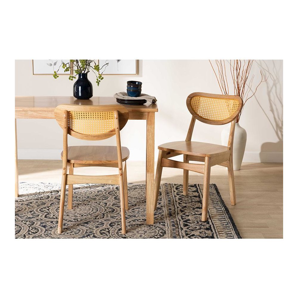 Oak Brown Finished Wood and Rattan 2-Piece Dining Chair Set