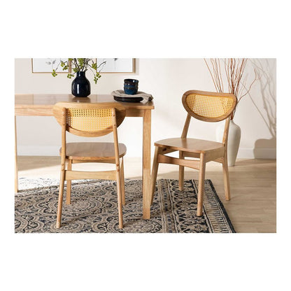 Oak Brown Finished Wood and Rattan 2-Piece Dining Chair Set