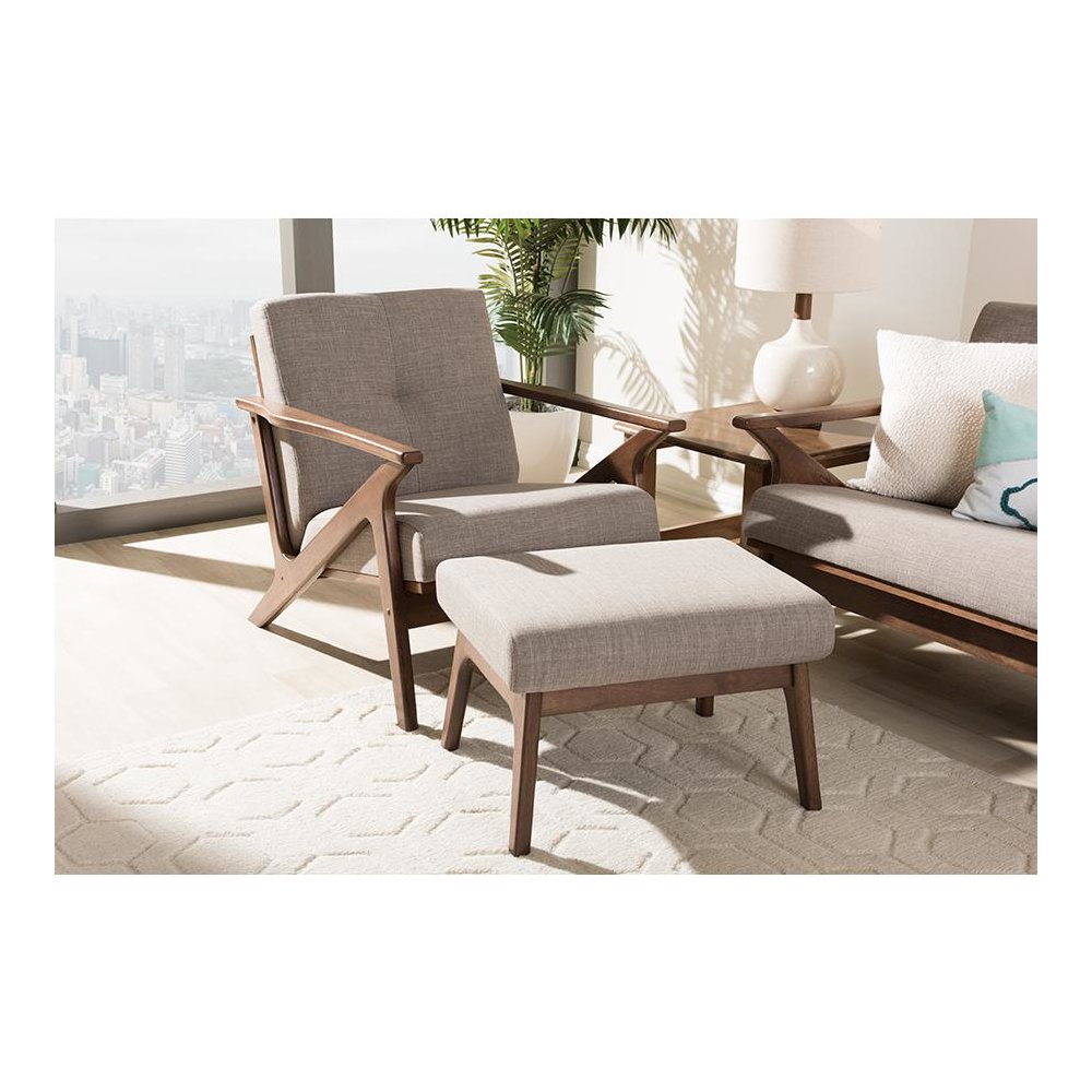 Walnut Wood Light Grey Fabric Tufted Lounge Chair And Ottoman Set