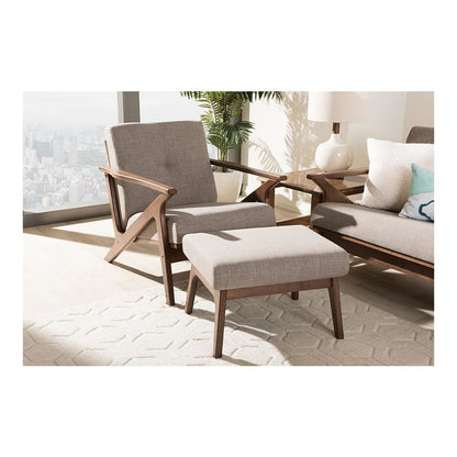 Walnut Wood Light Grey Fabric Tufted Lounge Chair And Ottoman Set