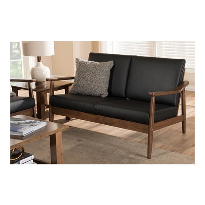 Venza Mid-Century Modern Walnut Wood Black Faux Leather 2-Seater Loveseat