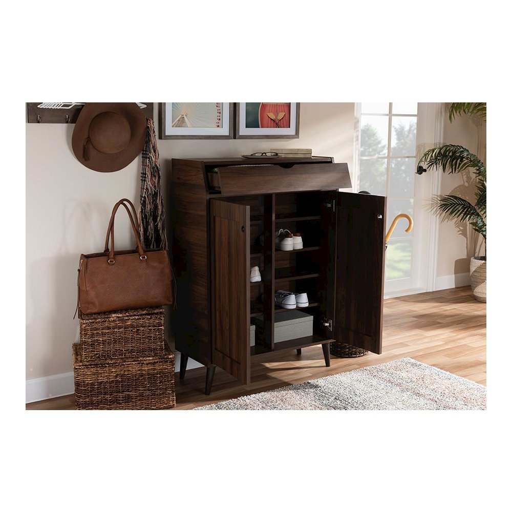 Walnut Brown finished 2-Door Wood Entryway Shoe Storage Cabinet