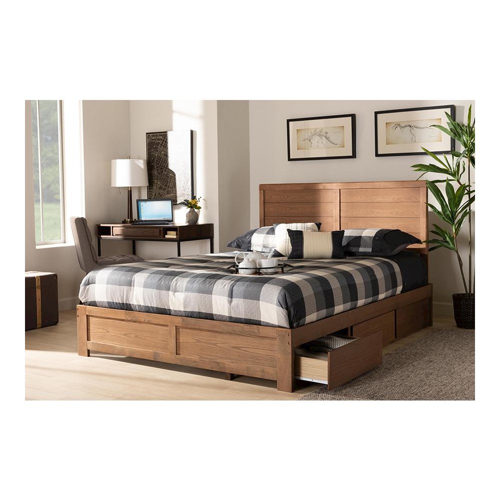 Walnut Brown Finished Wood Queen Size 3-Drawer Platform Storage Bed