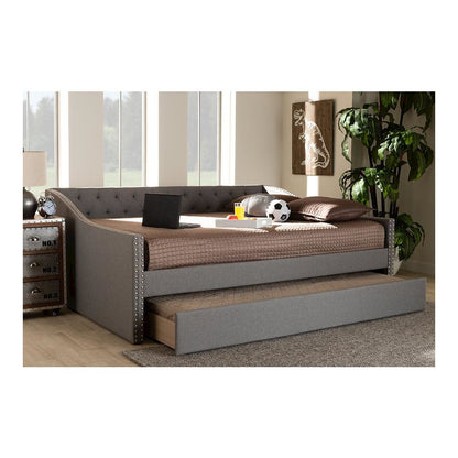 Light Grey Fabric Upholstered Full Size Daybed with Roll-Out Trundle Bed