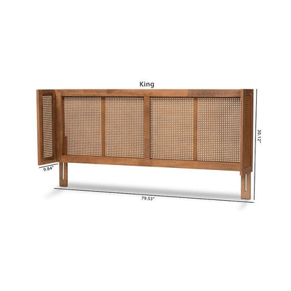 Ash Wanut Finished Wood and Synthetic Rattan Queen Size Wrap-Around Headboard