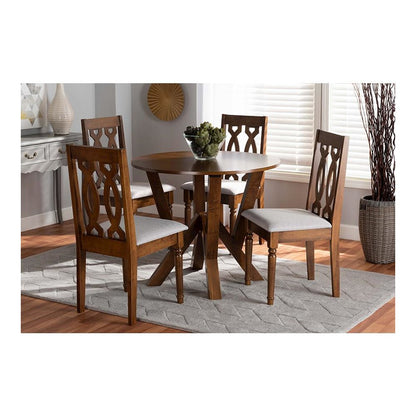 Grey Fabric Upholstered and Walnut Brown Finished Wood 5-Piece Dining Set