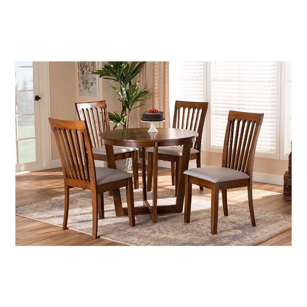 Grey Fabric Upholstered and Walnut Brown Finished Wood 5-Piece Dining Set