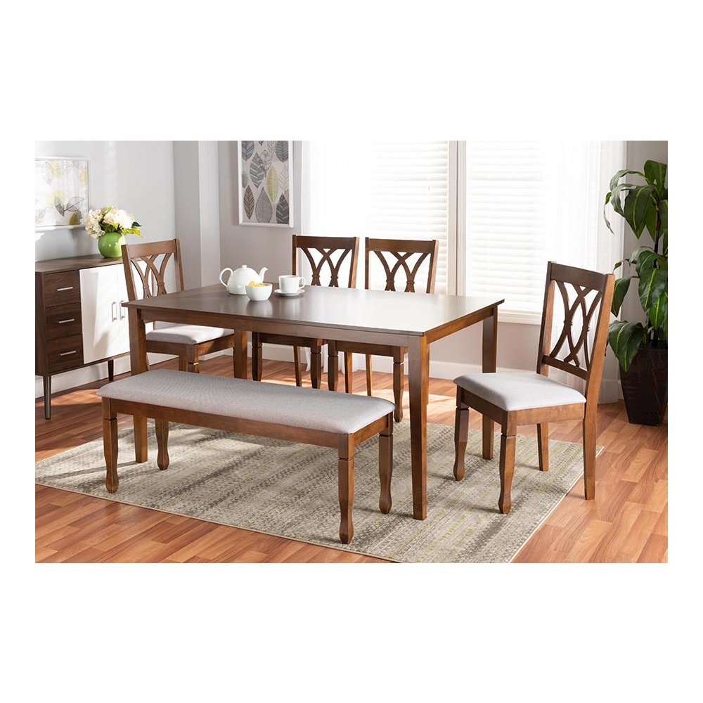 Grey Fabric Upholstered and Walnut Brown Finished Wood 6-Piece Dining Set