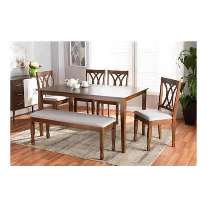 Grey Fabric Upholstered and Walnut Brown Finished Wood 6-Piece Dining Set