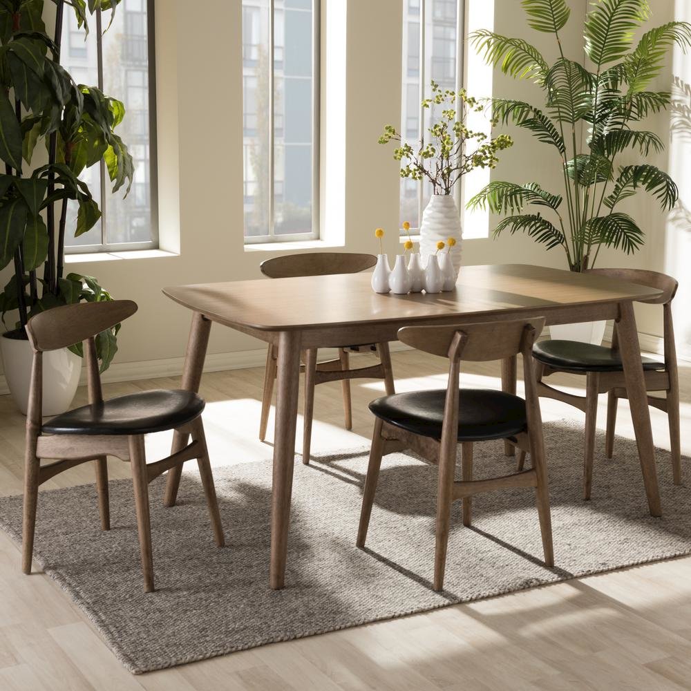 Leather and "Oak" Light Brown Finishing Wood 5-Peice Dining Set
