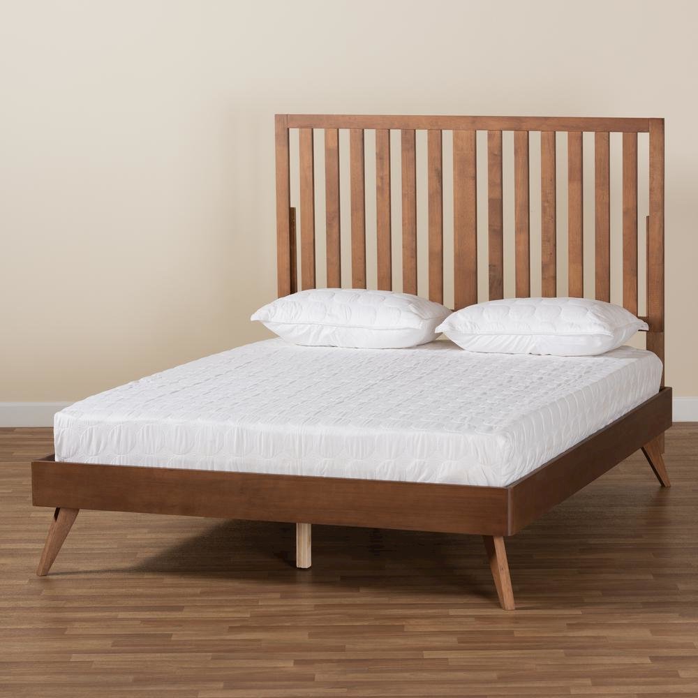 Saki Mid-Century Modern Walnut Brown Finished Wood Queen Size Platform Bed