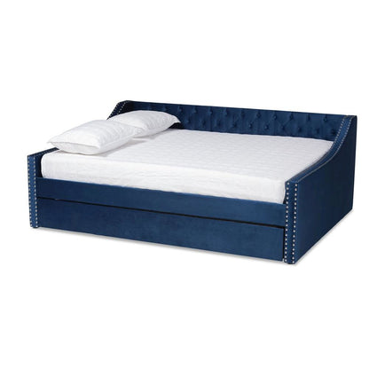 Navy Blue Velvet Fabric Upholstered Queen Size Daybed with Trundle