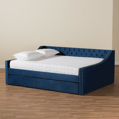 Navy Blue Velvet Fabric Upholstered Queen Size Daybed with Trundle