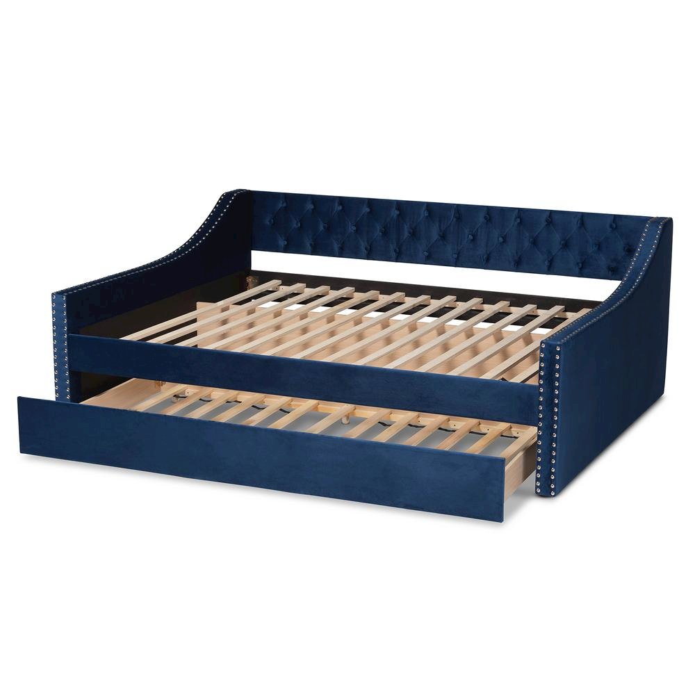 Navy Blue Velvet Fabric Upholstered Queen Size Daybed with Trundle
