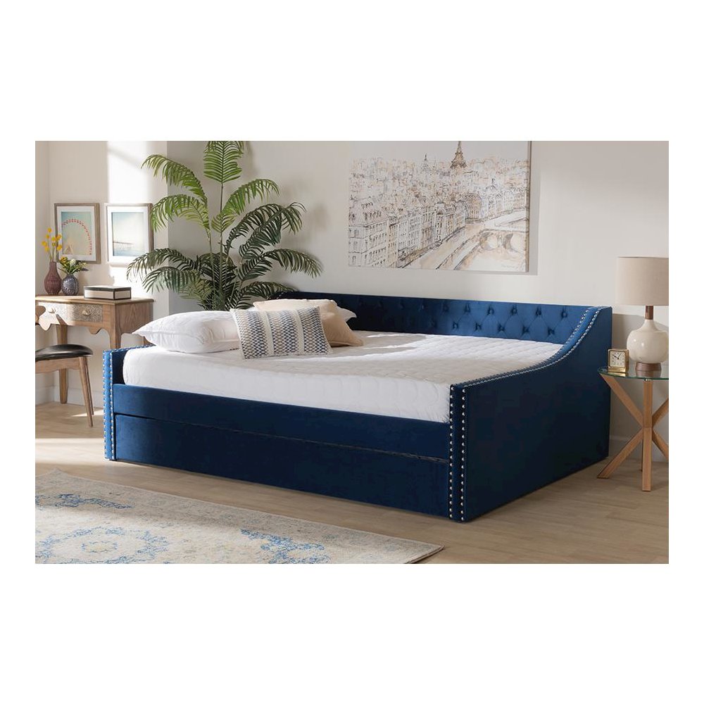 Navy Blue Velvet Fabric Upholstered Queen Size Daybed with Trundle