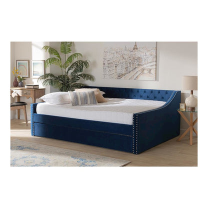 Navy Blue Velvet Fabric Upholstered Queen Size Daybed with Trundle