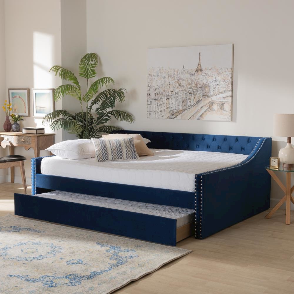 Navy Blue Velvet Fabric Upholstered Queen Size Daybed with Trundle