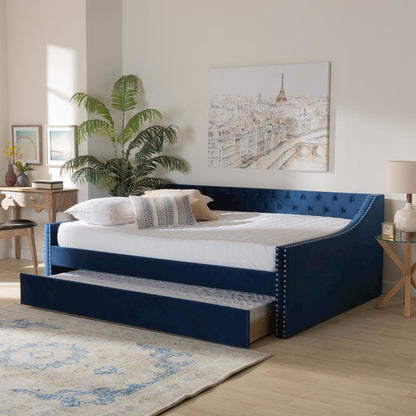 Navy Blue Velvet Fabric Upholstered Queen Size Daybed with Trundle