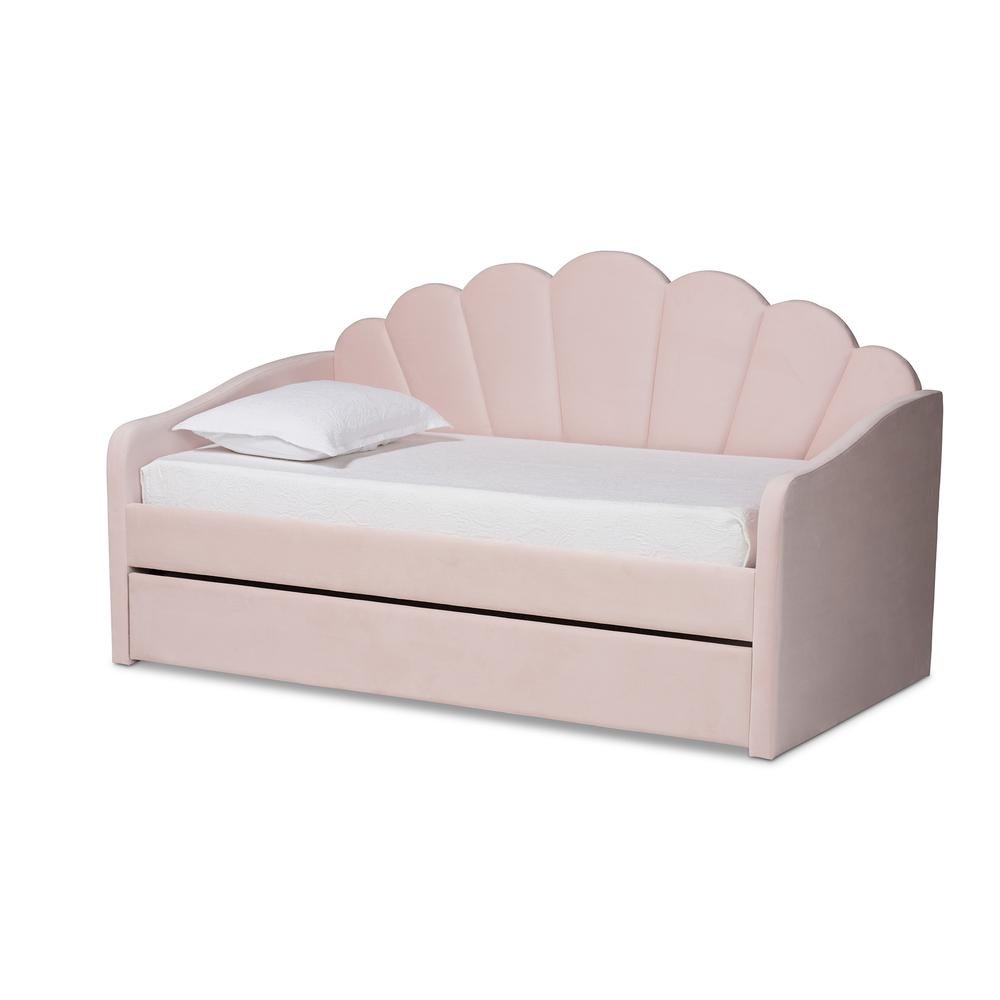 Light Pink Velvet Fabric Upholstered Twin Size Daybed with Trundle