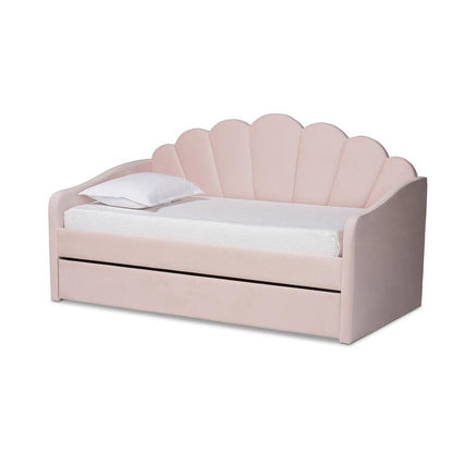 Light Pink Velvet Fabric Upholstered Twin Size Daybed with Trundle