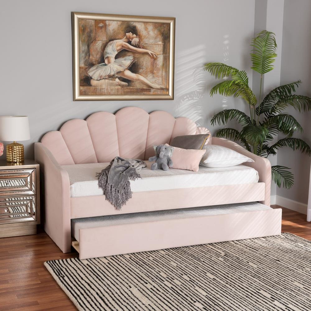 Light Pink Velvet Fabric Upholstered Twin Size Daybed with Trundle
