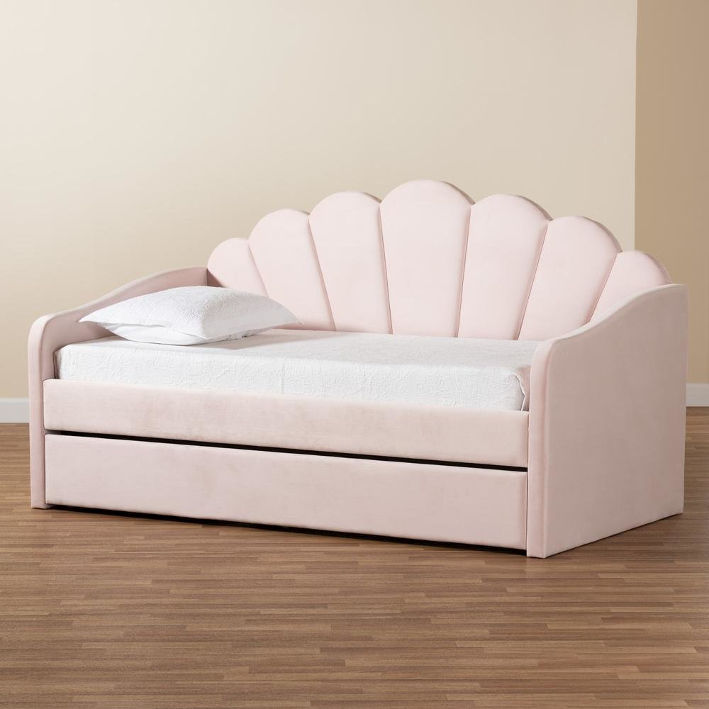 Light Pink Velvet Fabric Upholstered Twin Size Daybed with Trundle
