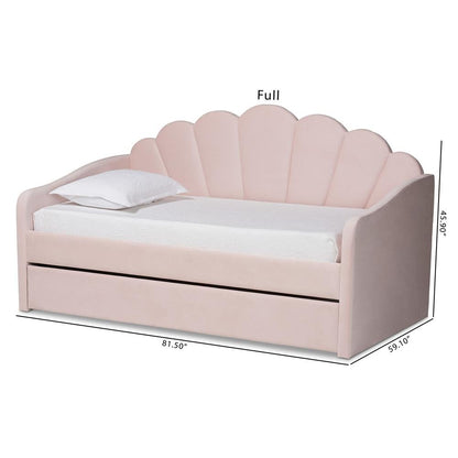 Light Pink Velvet Fabric Upholstered Twin Size Daybed with Trundle
