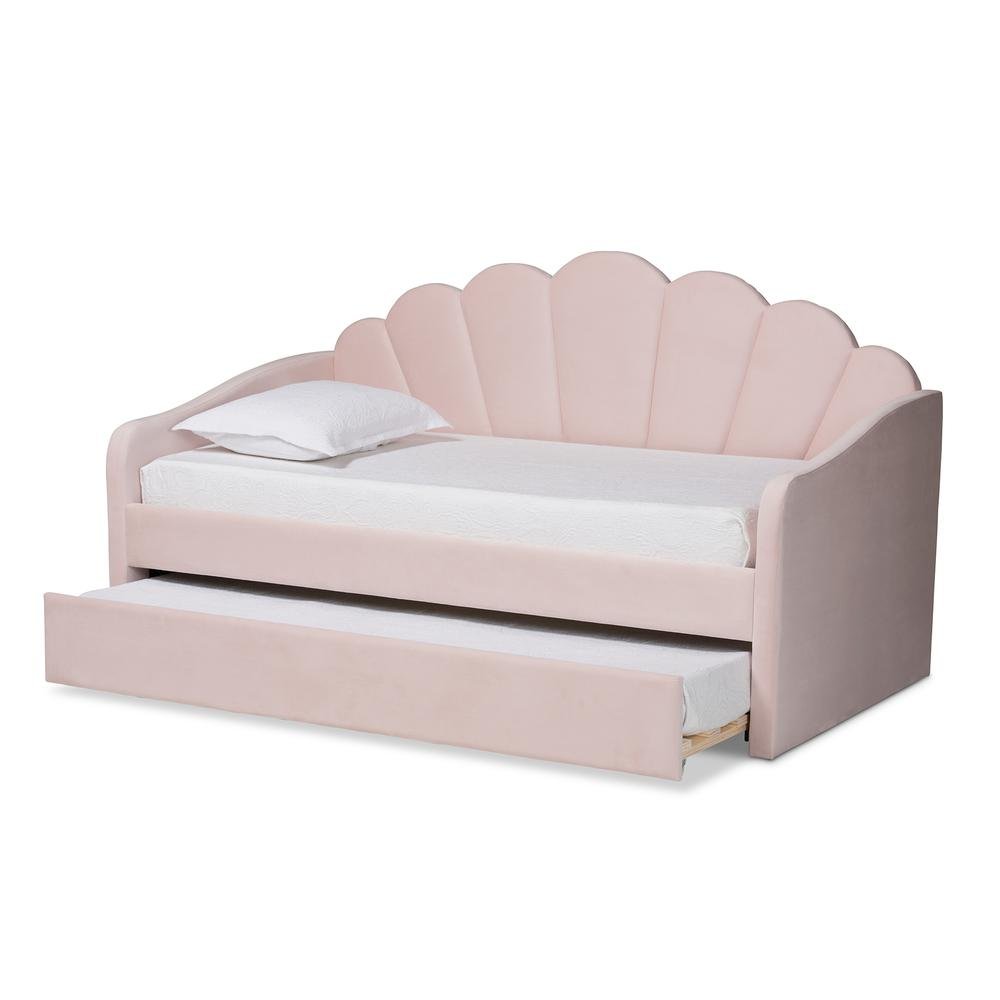 Light Pink Velvet Fabric Upholstered Twin Size Daybed with Trundle