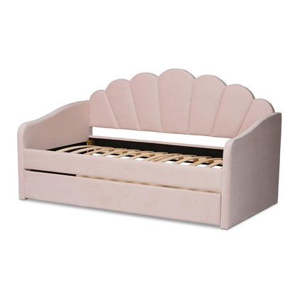 Light Pink Velvet Fabric Upholstered Twin Size Daybed with Trundle