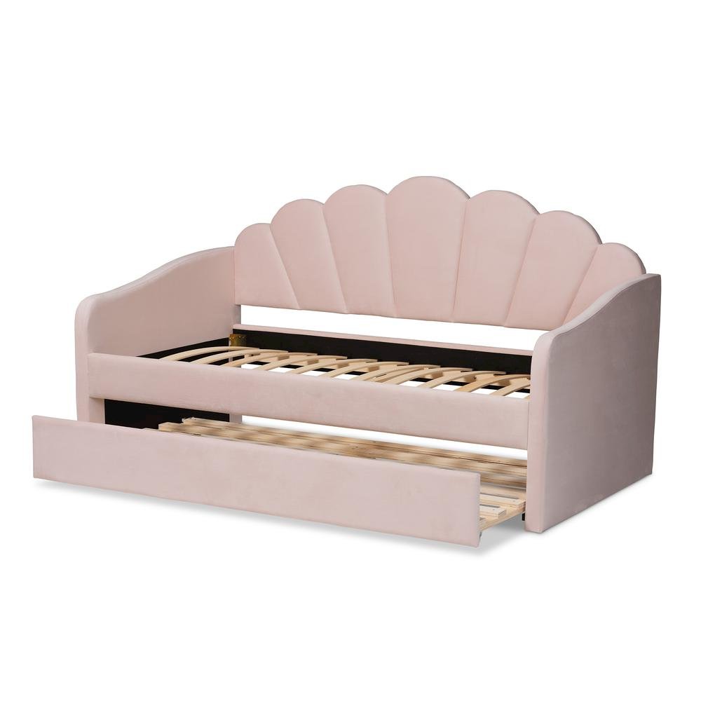 Light Pink Velvet Fabric Upholstered Twin Size Daybed with Trundle