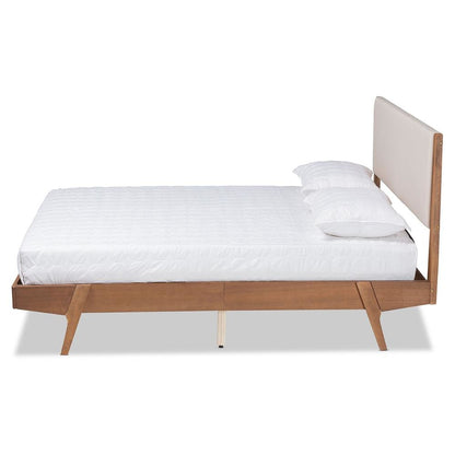 Beige Fabric Upholstered and Walnut Brown Finished Wood Queen Size Platform Bed