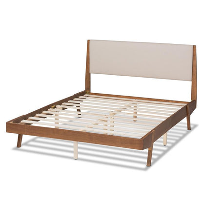 Beige Fabric Upholstered and Walnut Brown Finished Wood Queen Size Platform Bed
