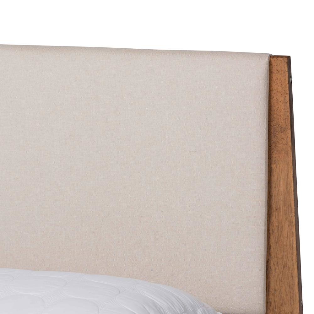 Beige Fabric Upholstered and Walnut Brown Finished Wood Queen Size Platform Bed