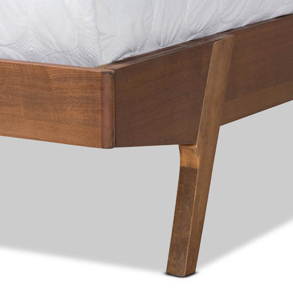 Beige Fabric Upholstered and Walnut Brown Finished Wood Queen Size Platform Bed