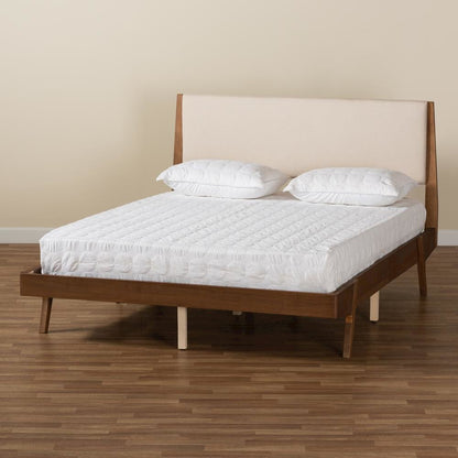 Beige Fabric Upholstered and Walnut Brown Finished Wood Queen Size Platform Bed