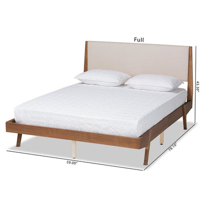 Beige Fabric Upholstered and Walnut Brown Finished Wood Queen Size Platform Bed