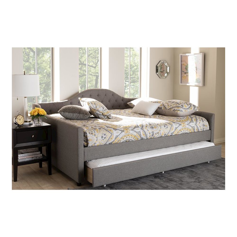 Grey Fabric Upholstered Queen Size Daybed with Trundle